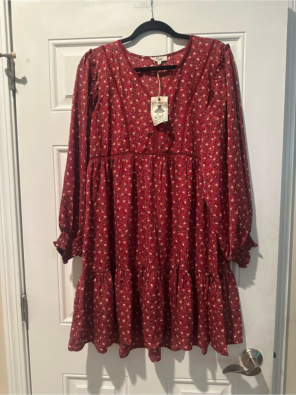 Easel Burgundy Floral Tiered Long-Sleeve Midi Dress New-Cute!
